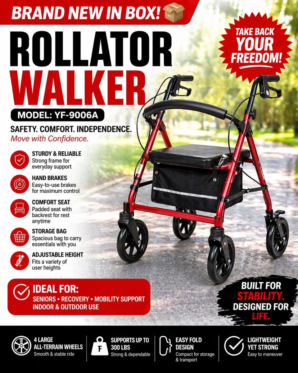 Walker red seat with bag  4 wheels