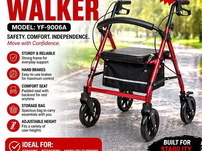 Walker red seat with bag 4 wheels