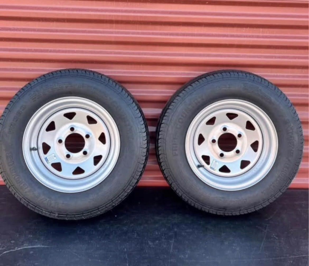 Set of2 Free Country ST 175/80 D 13 Trailer Tires Mounted on New Silver Wheels 5 on 4.5 Brand New Never Used 2025 Dated