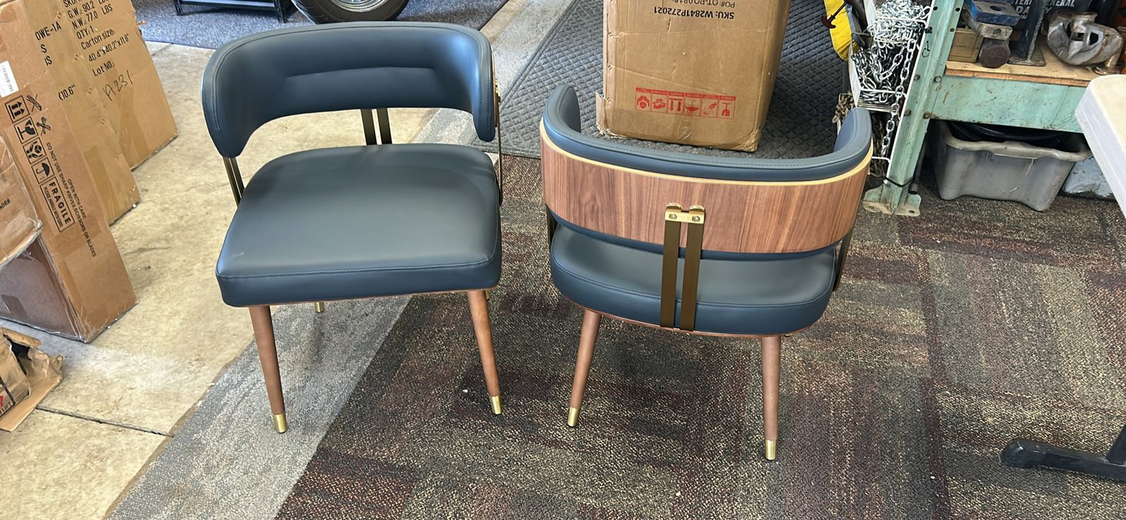 Set of 2 Modern Dining Chairs - Gray Faux Leather, Wood Back & Gold Accents