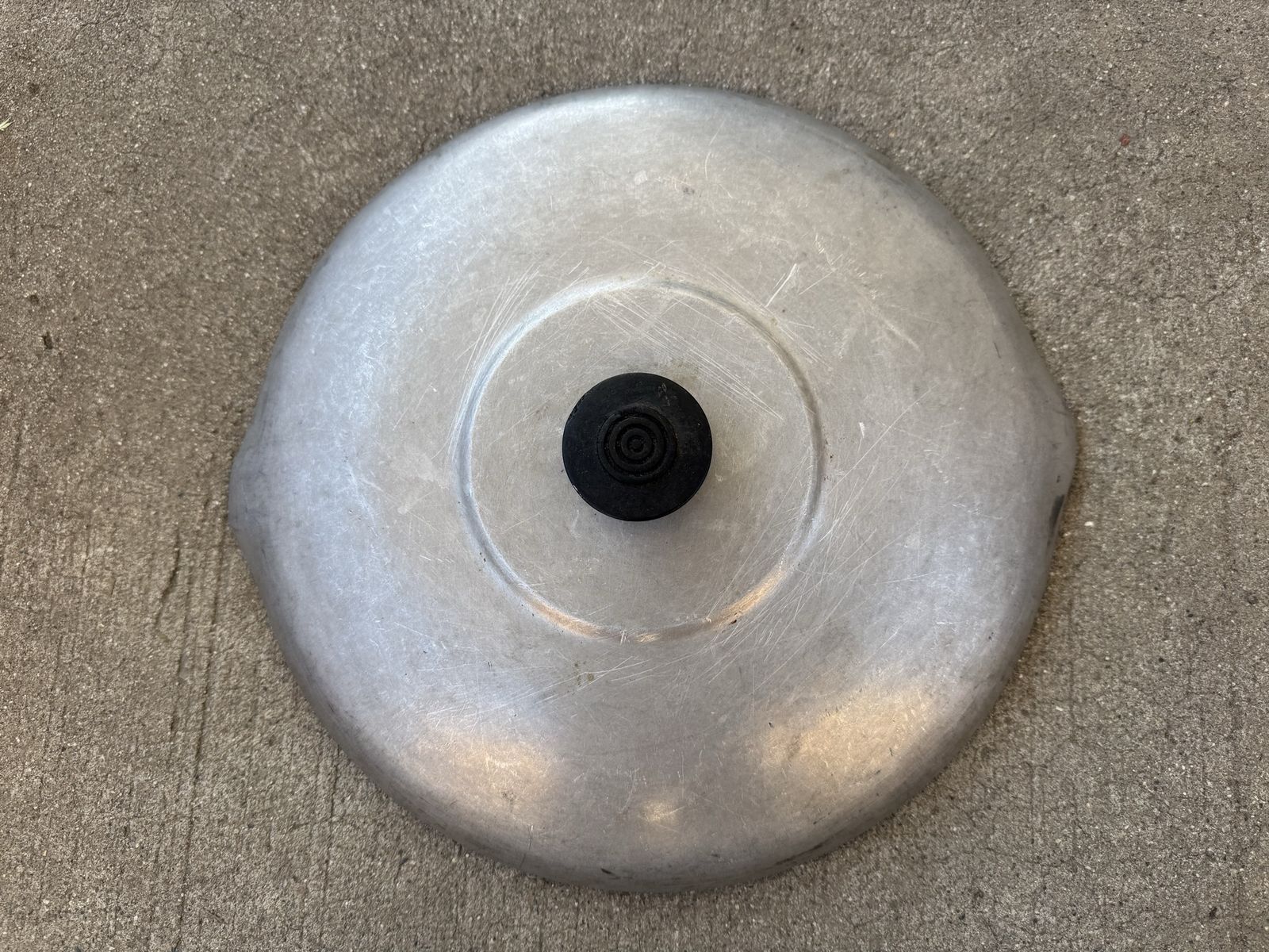 Vintage Metal Skillet Lid with Black Knob and Pour Spout Ears 12 inches  Width