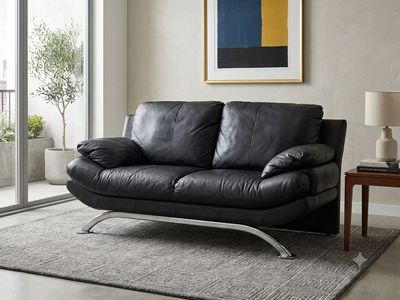 Stunning Modern Black Leather + Chrome Couch | Loveseat | Sofa | Contemporary