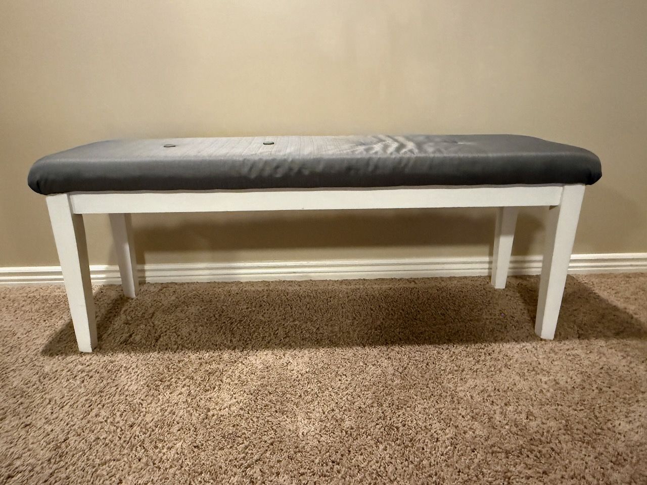 White Wood Bench with Gray Tufted Cushion - Entryway/Bedroom Seating
