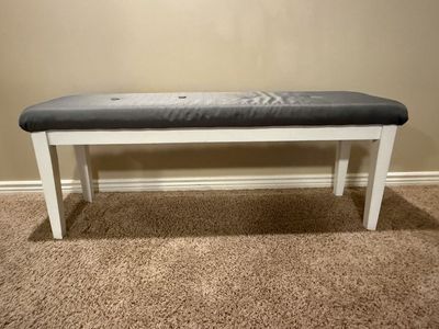 White Wood Bench with Gray Tufted Cushion - Entryway/Bedroom Seating