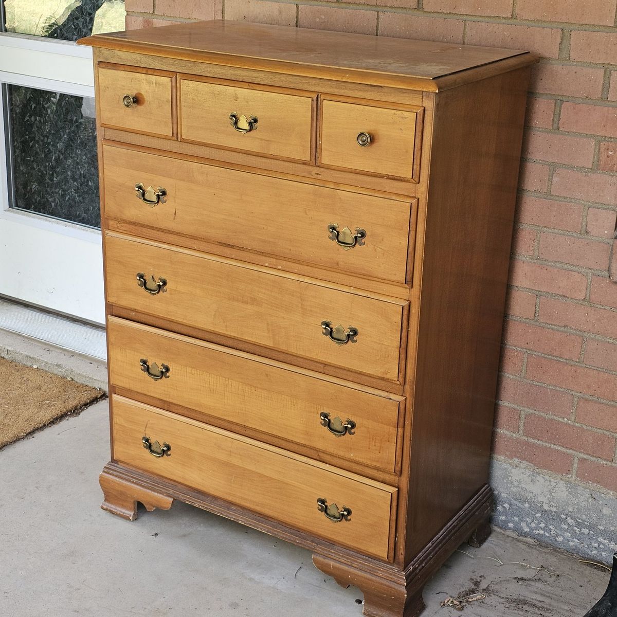 Vintage Light Wood 6-Drawer Dresser with Brass Hardware