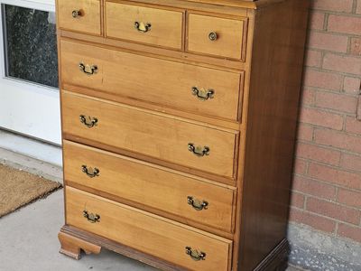 Vintage Light Wood 6-Drawer Dresser with Brass Hardware