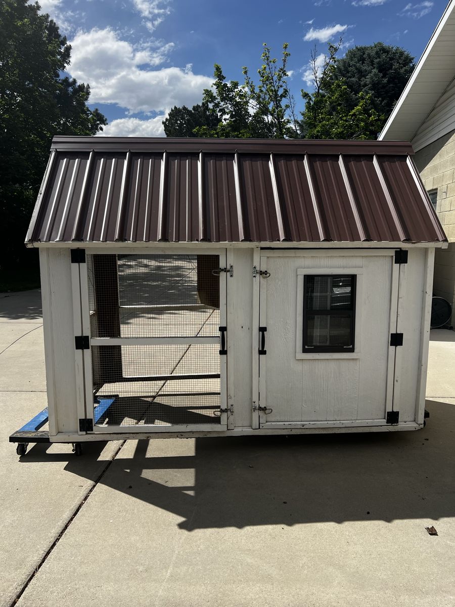 Custom-Built Chicken Coop/Brooder - White Wood & Brown Metal Roof - Mobile Design