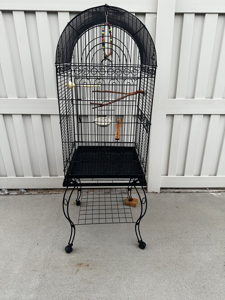 Large Black Wrought Iron Bird Cage with Rolling Stand