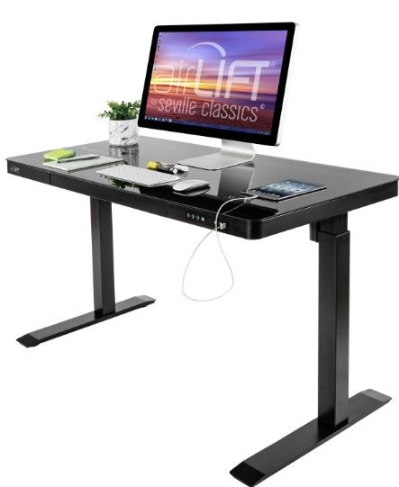 47" Airlift Tempered Glass Electric Standing Desktop with Drawer, USB Ports - Seville Classics