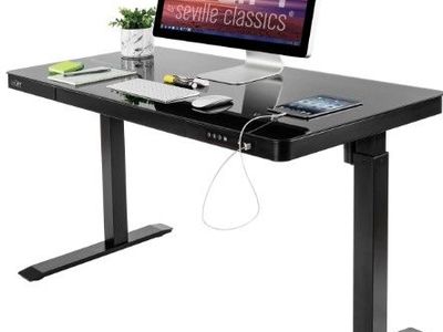 47" Airlift Tempered Glass Electric Standing Desktop with Drawer, USB Ports - Seville Classics