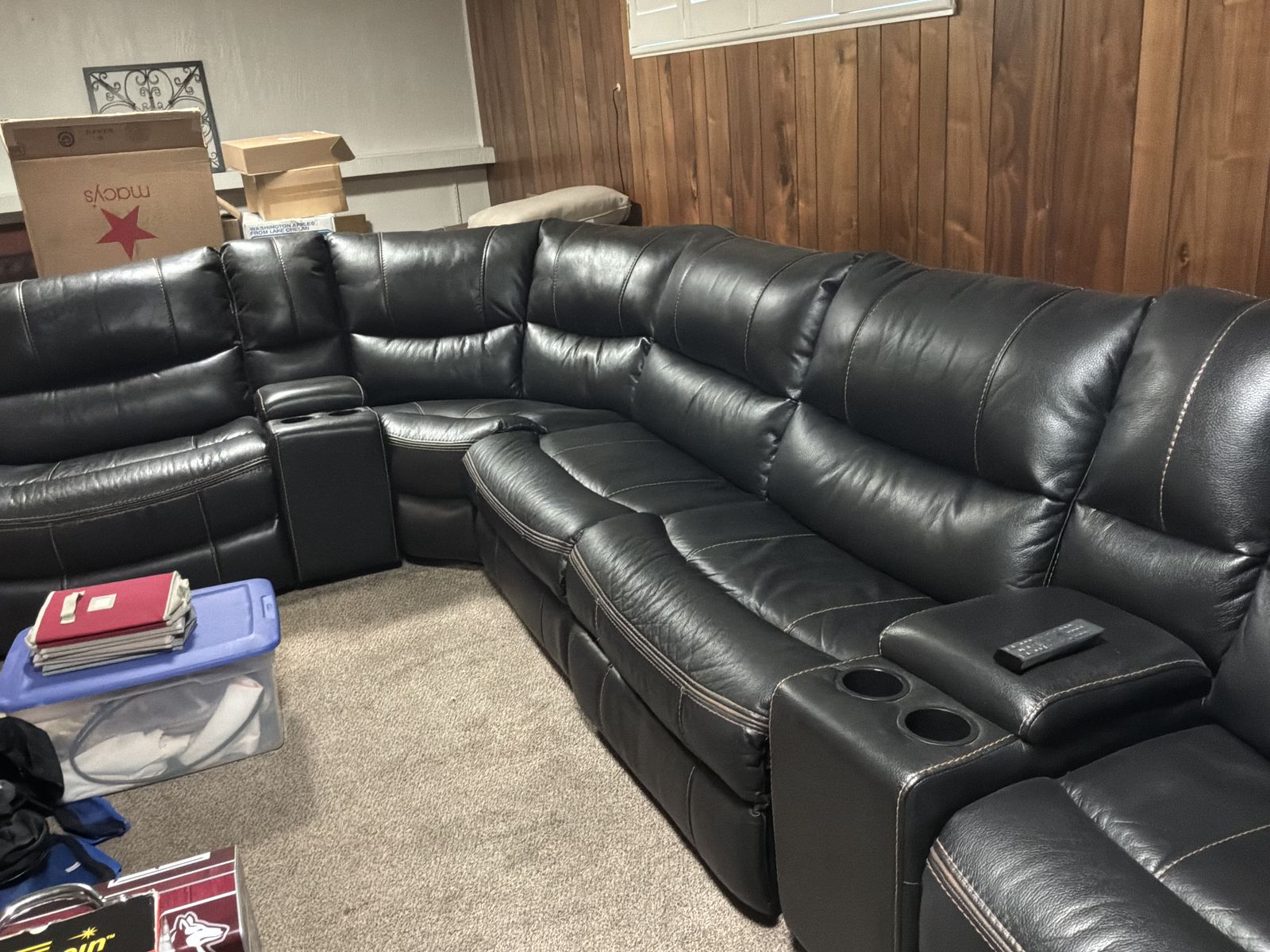 Large Black Leather Sectional Sofa with Recliners and Cup Holders