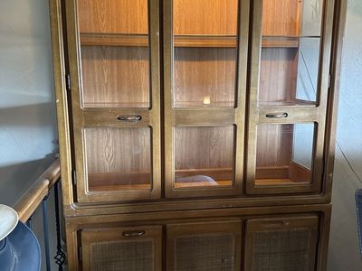 Vintage Lighted Wooden China Cabinet Hutch with Glass Doors & Mesh Cabinets