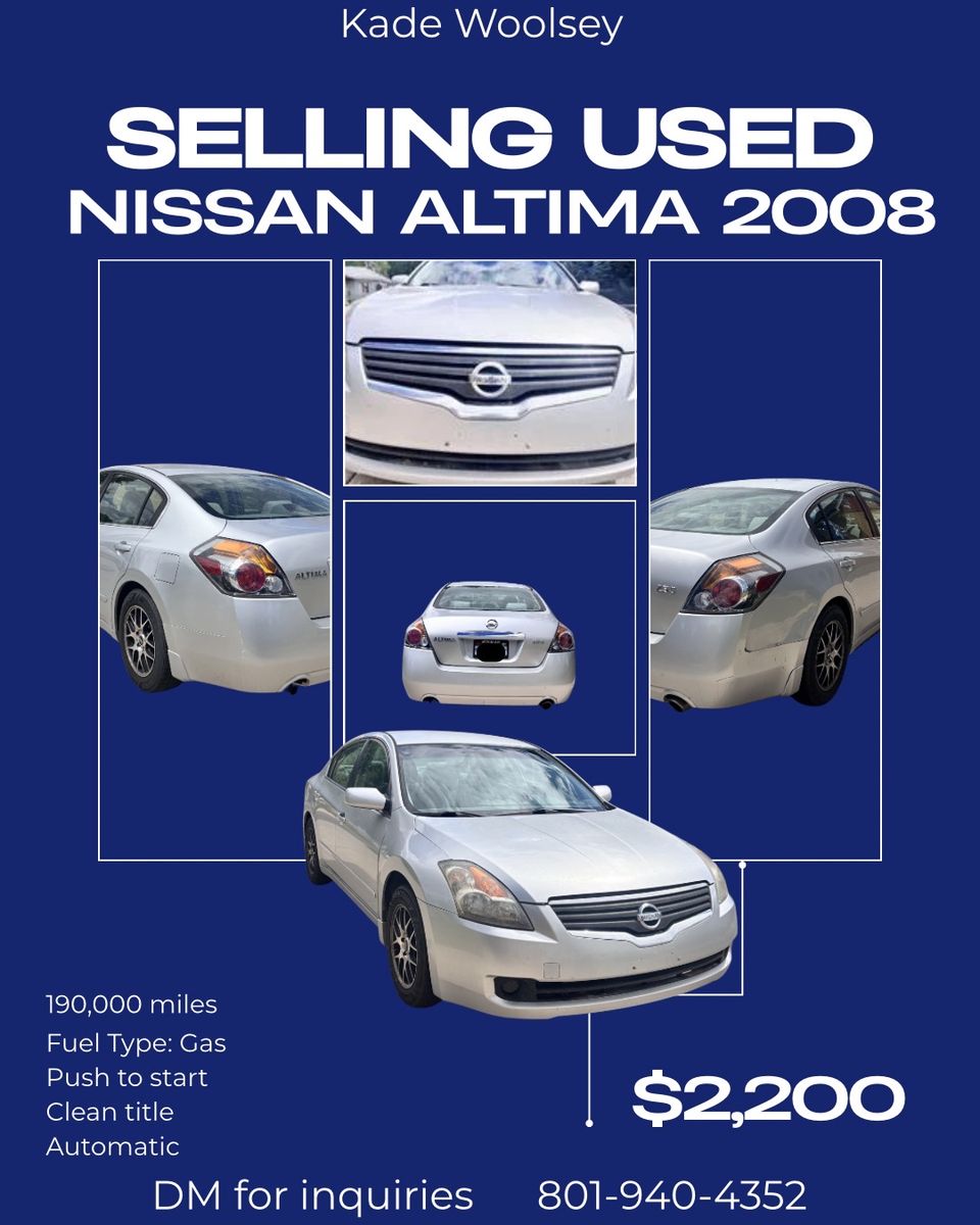 2008 Nissan Altima Sedan - Gas, Automatic, Push to Start, 190k Miles, Clean Title