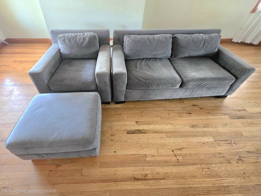 3-Piece Modern Gray Velvet Living Room Set - Sofa, Armchair & Ottoman