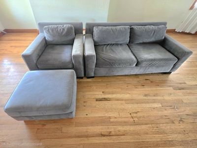 3-Piece Modern Gray Velvet Living Room Set - Sofa, Armchair & Ottoman