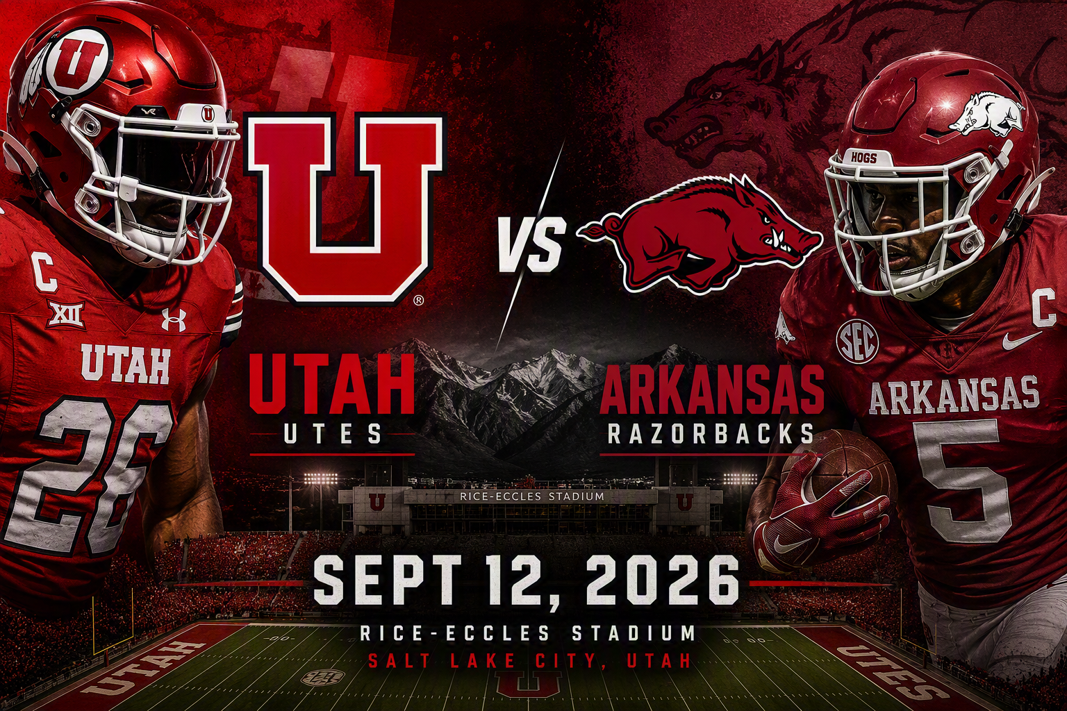 (2) 2026 Utah Football vs Arkansas Sept 12 - Section E35, row 43, seats 24 & 25