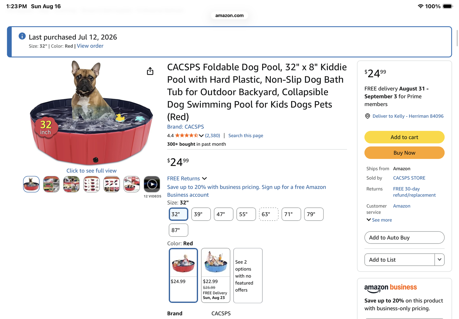 Foldable Dog Pool 32" x 8" Red Hard Plastic Non-Slip Pet Bath Tub