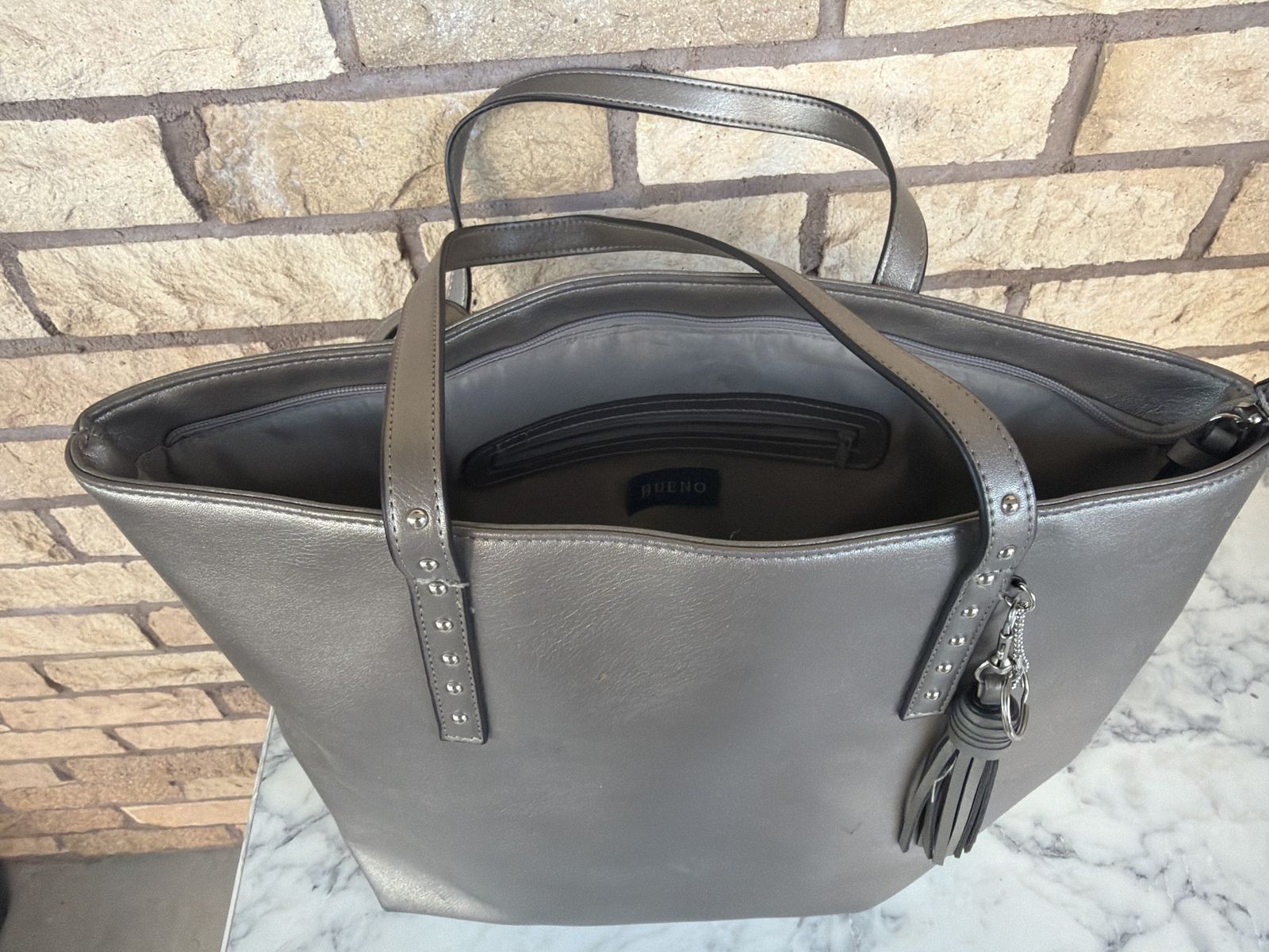 Bueno Large Silver Metallic Tote Bag Shoulder Bag with Tassel Keychain & Studs