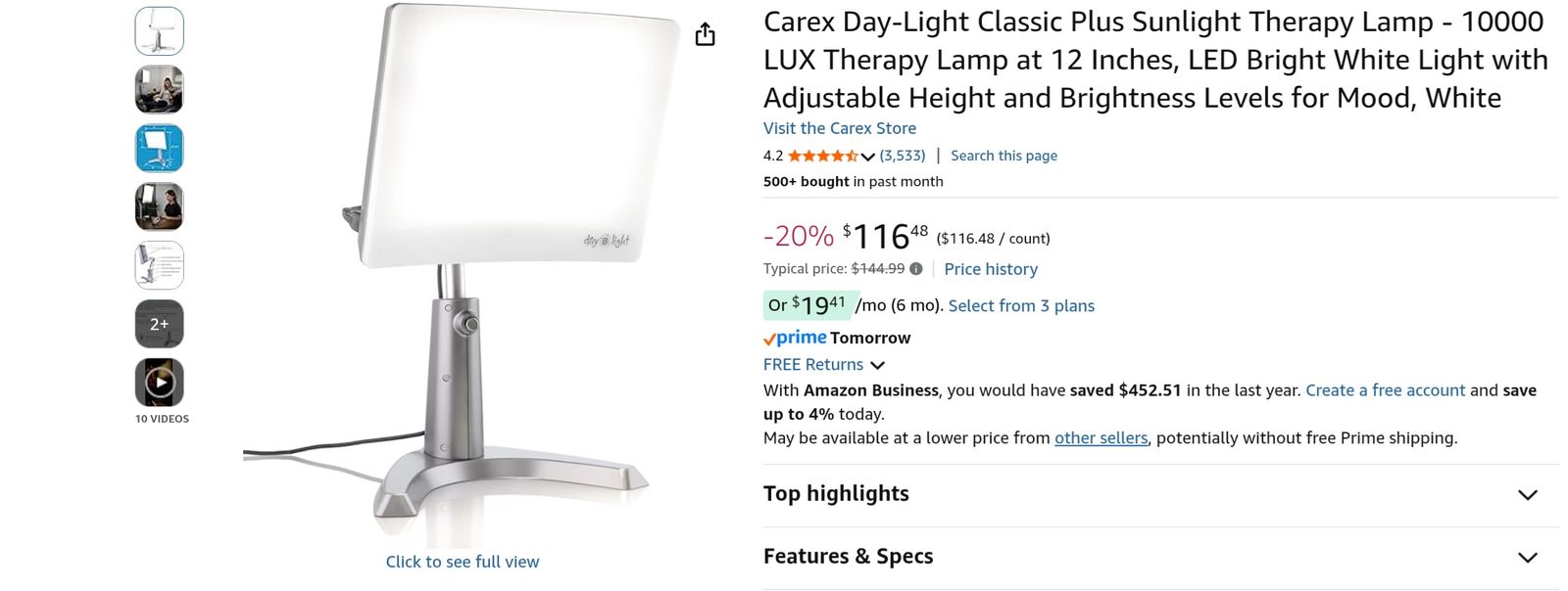Carex Daylight Sunlight Therapy Lamp 10,000 LUX - Like New