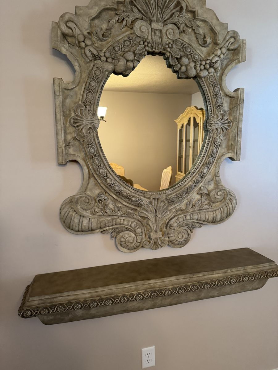 Ornate Stone-Look Resin Mirror & Matching Shelf