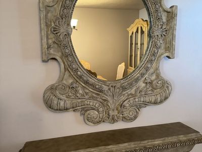 Ornate Stone-Look Resin Mirror & Matching Shelf