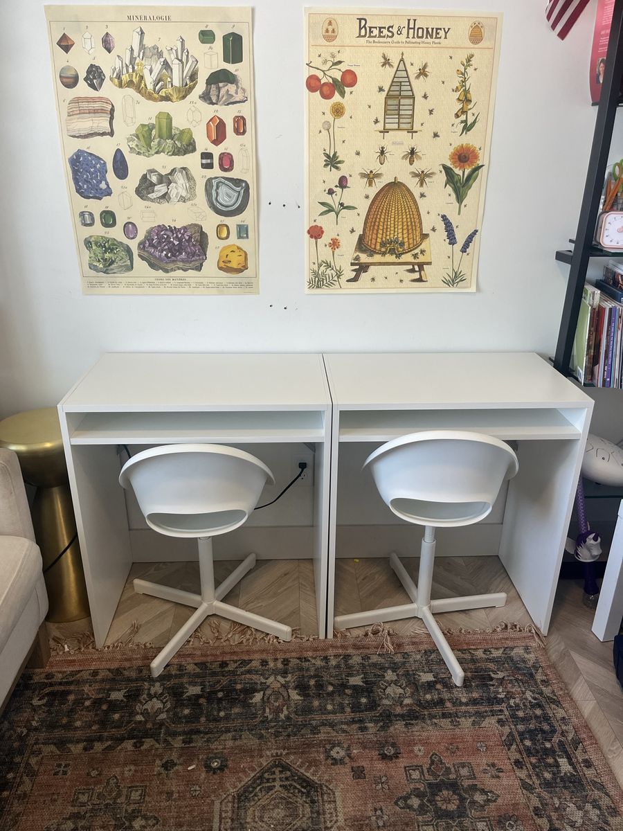 Pair of Modern Kids White Desks with Matching Adjustable Desk Chairs