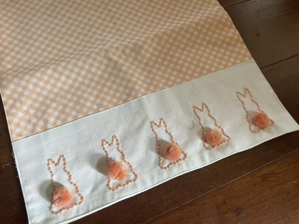 New Peach Gingham Runner W/ Pom Pom Bunny Tails
