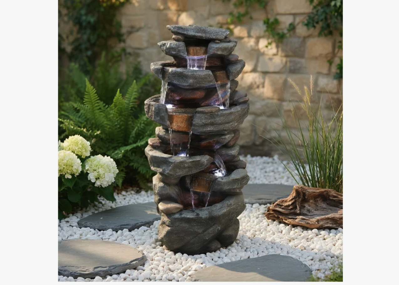 Brand new 40.5" Tall 6-Tier Rock Outdoor Fountain with LED Lights