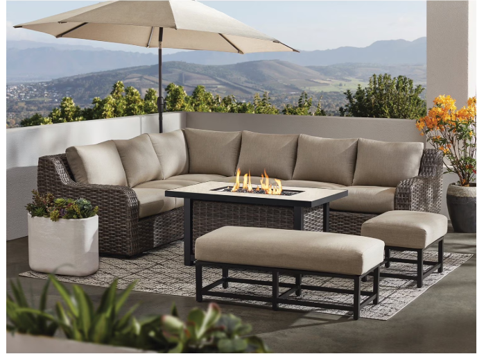 NIB Member's Mark Patio Deck Athena Sectional w/Sintered Stone Top Fire Coffee Table Cast Gray