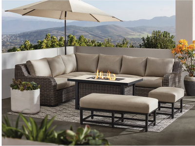 NIB Member's Mark Patio Deck Athena Sectional w/Sintered Stone Top Fire Coffee Table Cast Gray