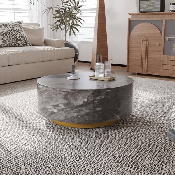 33.5 in. Galaxy Gray Round Marble Top Modern Minimalist Coffee Table with Drawers