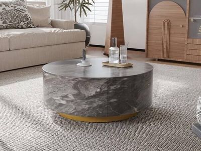 33.5 in. Galaxy Gray Round Marble Top Modern Minimalist Coffee Table with Drawers