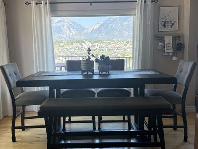 Counter-Height Dining Set with Table, 7 Chairs and Padded Bench