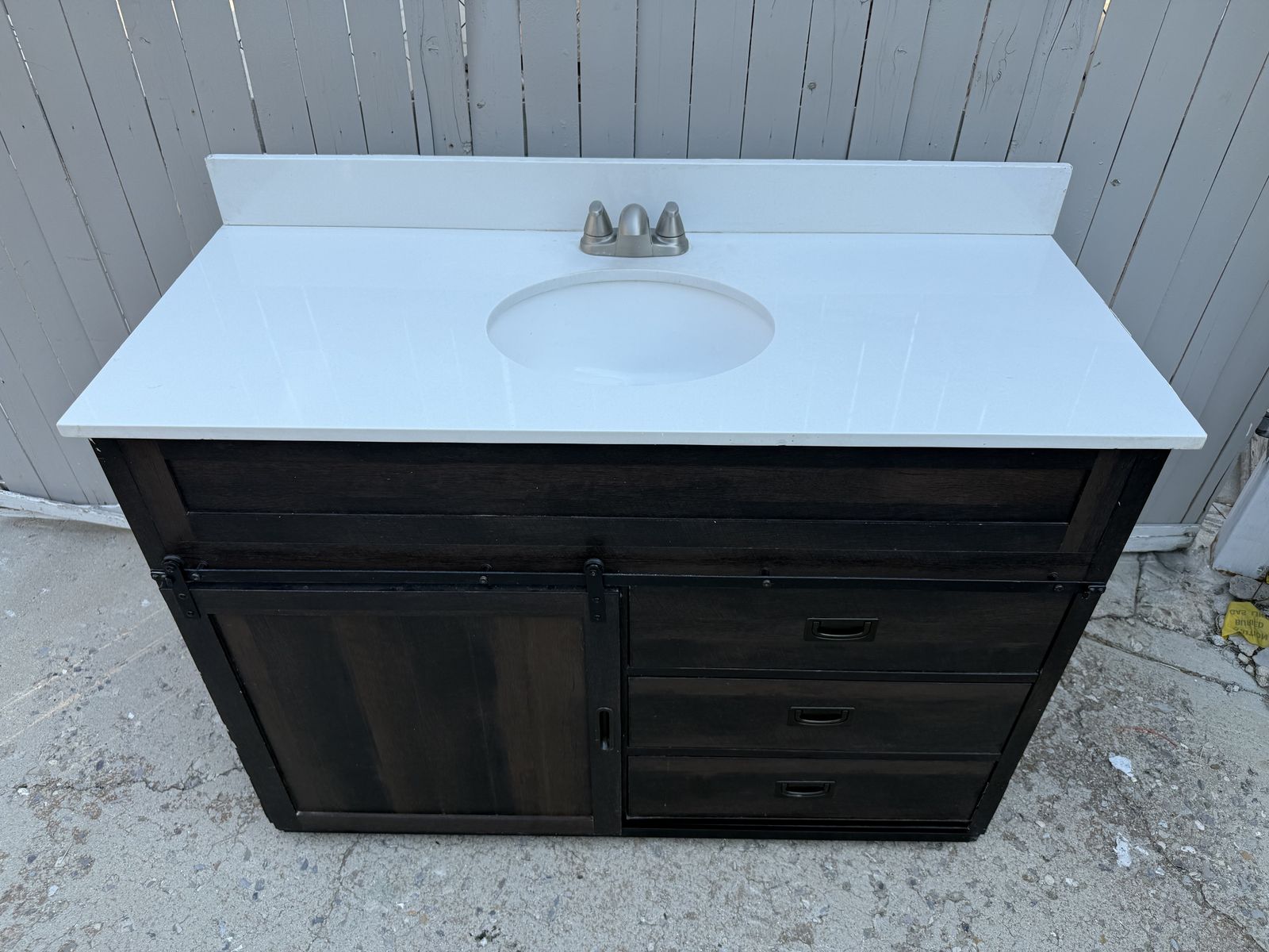 Dark Wood Bathroom Vanity with White Quartz Top & Sliding Barn Door, 3 Drawers, Sink & Faucet Included