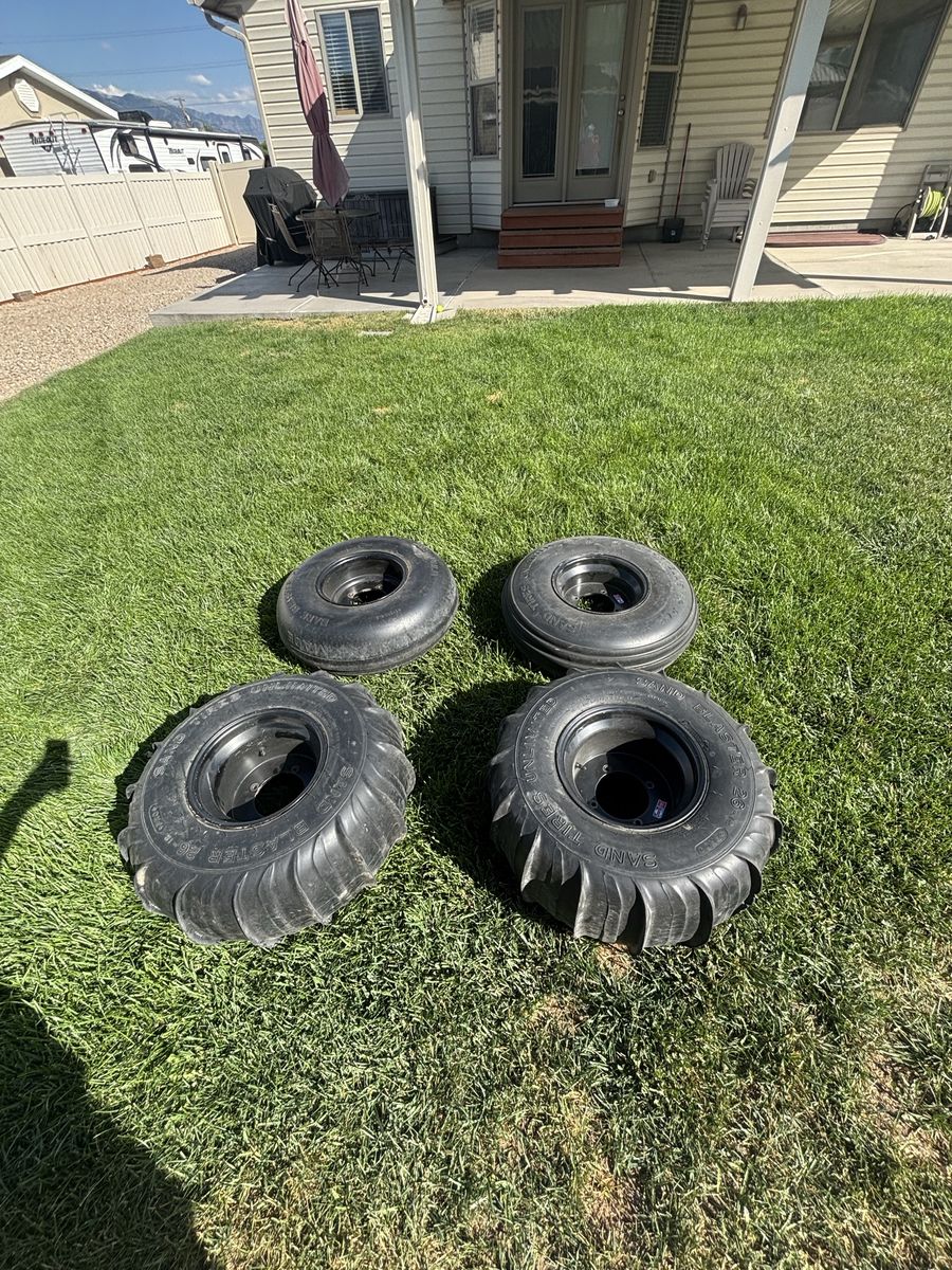 Sand Tires Unlimited Sand Blaster 26-12 Paddle Tires & Smooth Front Tires Set on Wheels