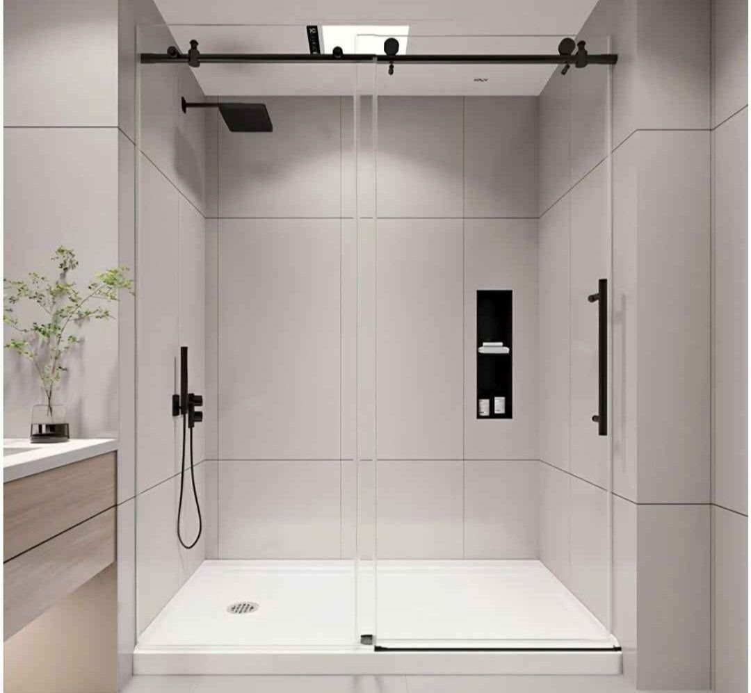 Frameless Shower Door, 49-54" W x 76" H Sliding Glass Shower Door, 1/4" (6mm) Thick Tempered Clear Glass with Explosion-Proof Fi