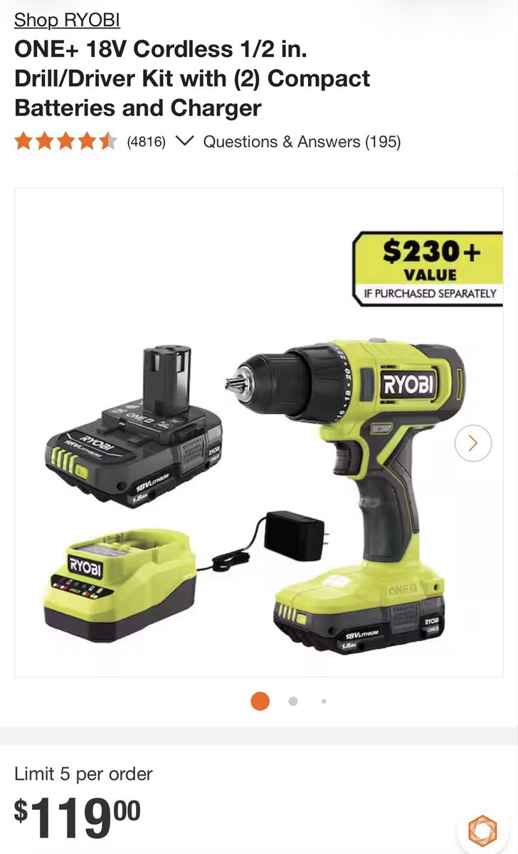 RYOBI ONE+ 18V Cordless 1/2 in. Drill/Driver Kit with (2) 1.5Ah Batteries and Charger (PCL206K2)