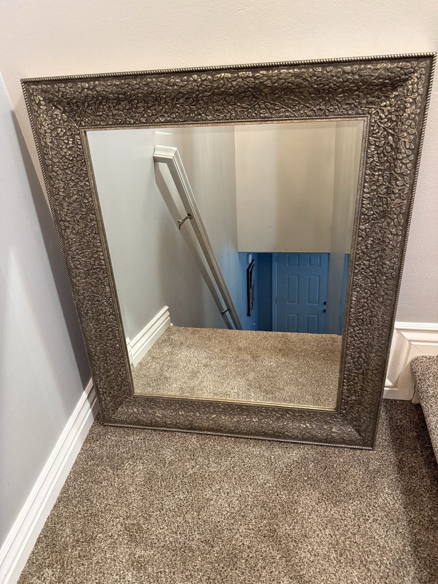 Large Decorative Wall Mirror with Intricate Antiqued Bronze Leaf Pattern Frame