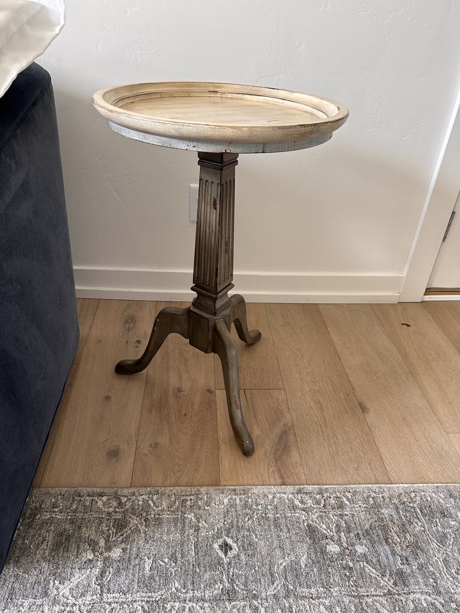 Distressed White & Gray Wood Pedestal Accent Table - Shabby Chic Side Table