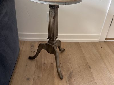 Distressed White & Gray Wood Pedestal Accent Table - Shabby Chic Side Table