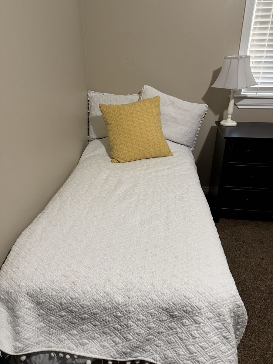 Twin mattress, box spring and metal frame