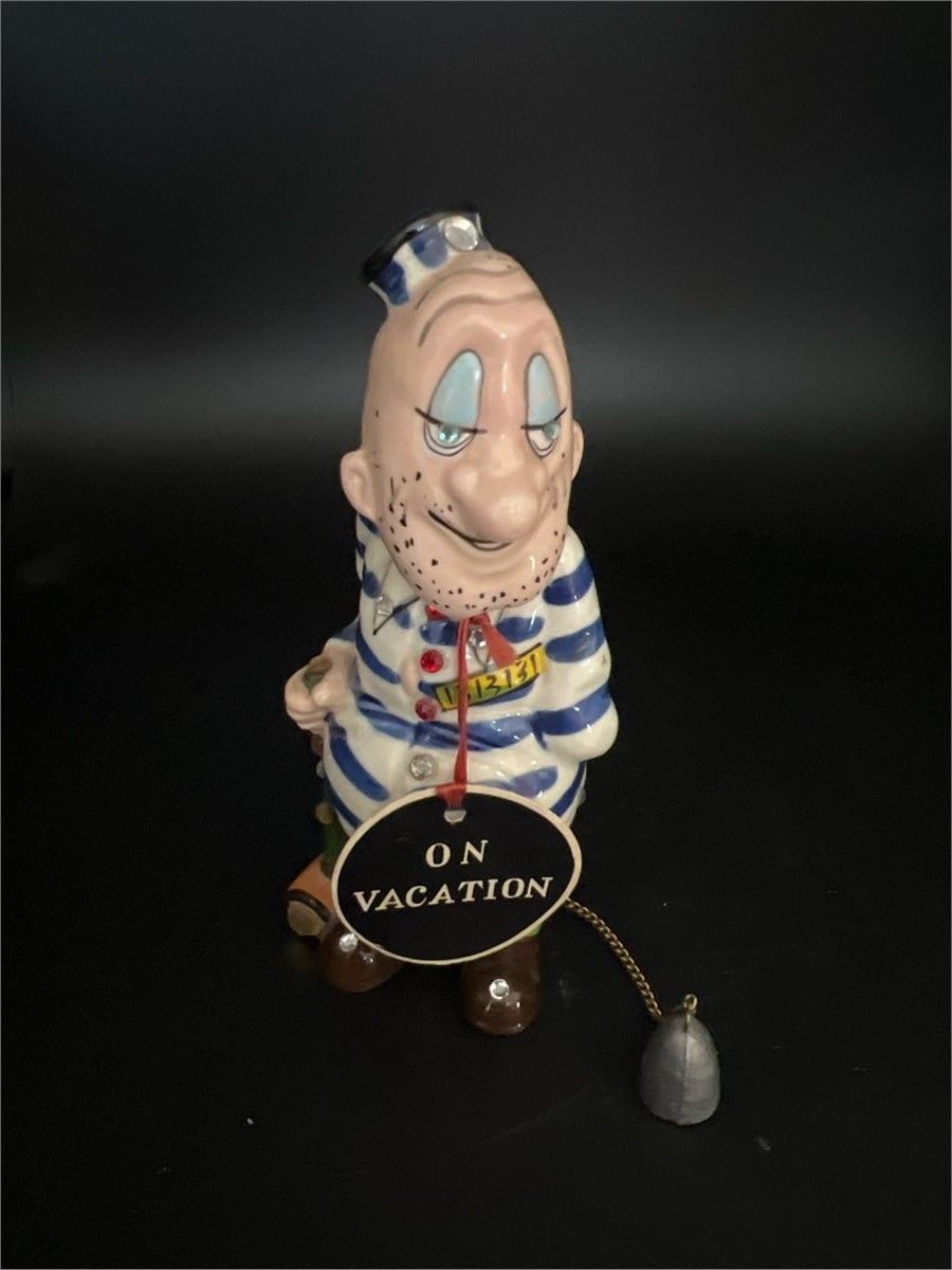 VINTAGE KREISS & CO. CERAMIC JAILBIRD PRISONER INMATE STRIPED JUMPSUIT RHINESTONES FIGURINE W BALL & CHAIN & TAG-EXCELLENT!!!