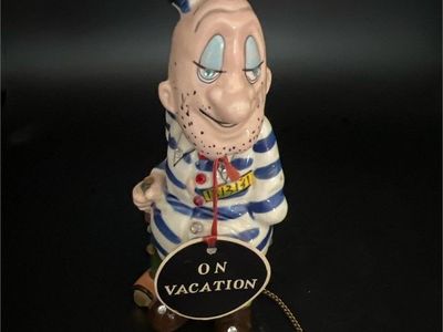 VINTAGE KREISS & CO. CERAMIC JAILBIRD PRISONER INMATE STRIPED JUMPSUIT RHINESTONES FIGURINE W BALL & CHAIN & TAG-EXCELLENT!!!