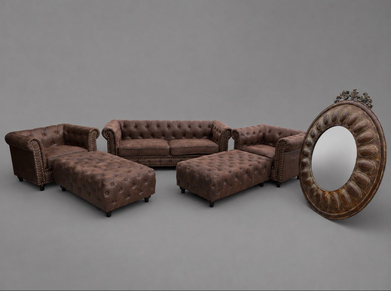 6 pcs Brown Leather Living Room Set with Sofa, Armchairs, Ottomans, and Mirror
