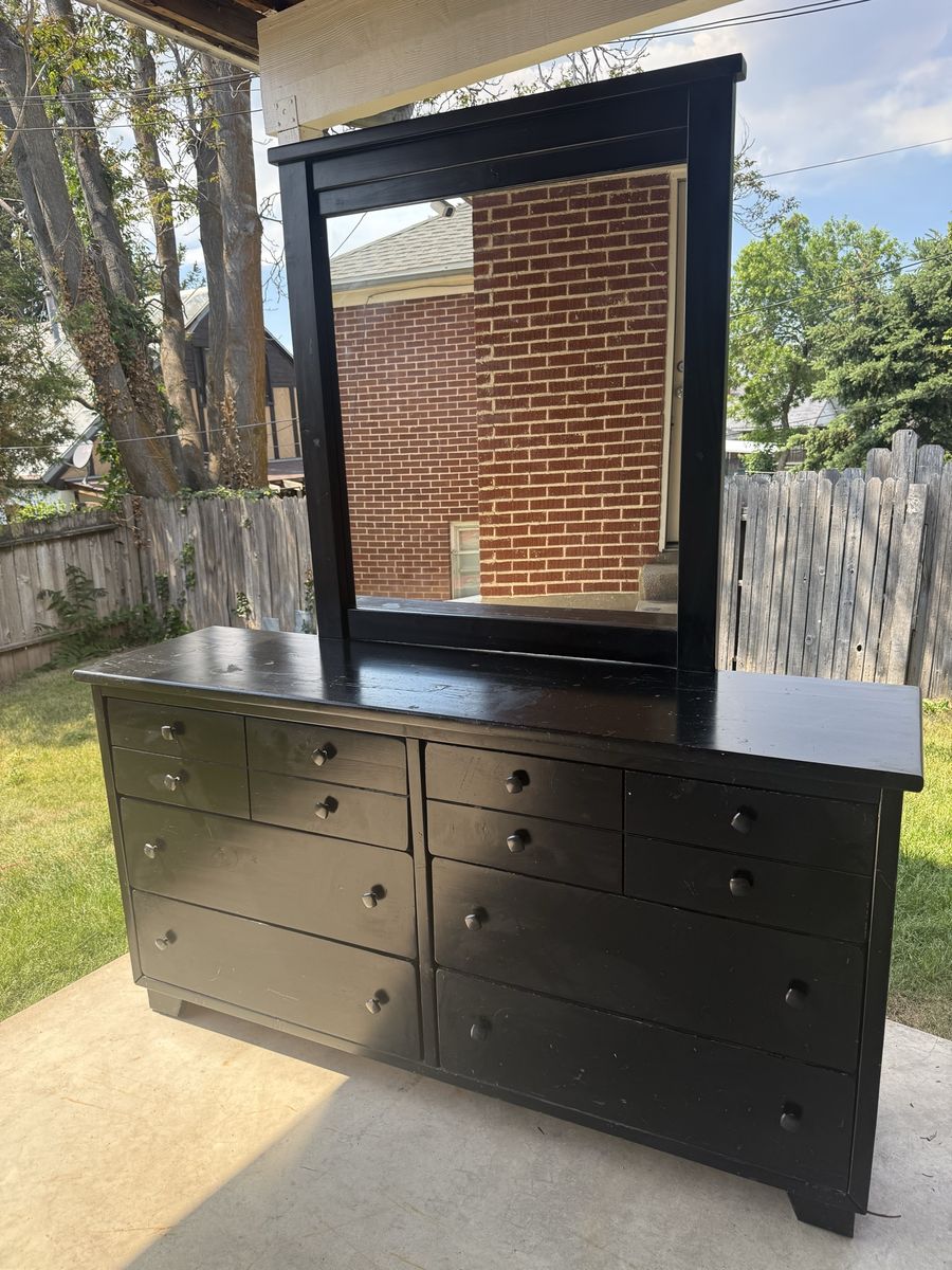 Black Dresser with Mirror and Queen Bed Frame Set
