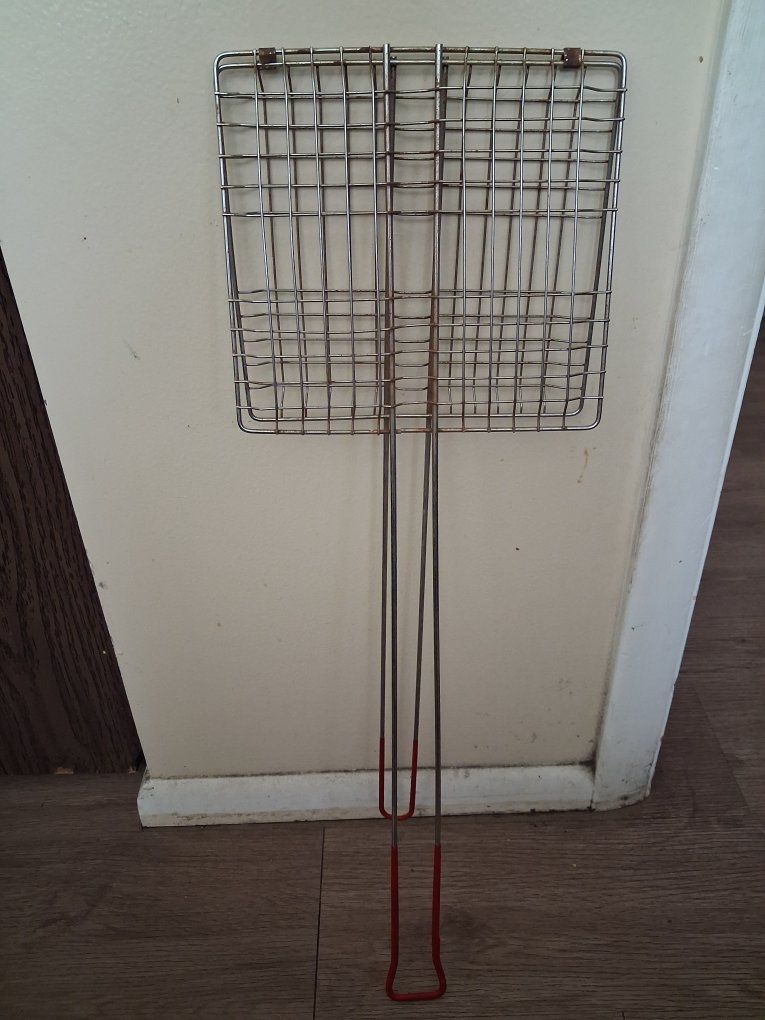Vintage Wire Grilling Basket with Long Handles and Red Grip