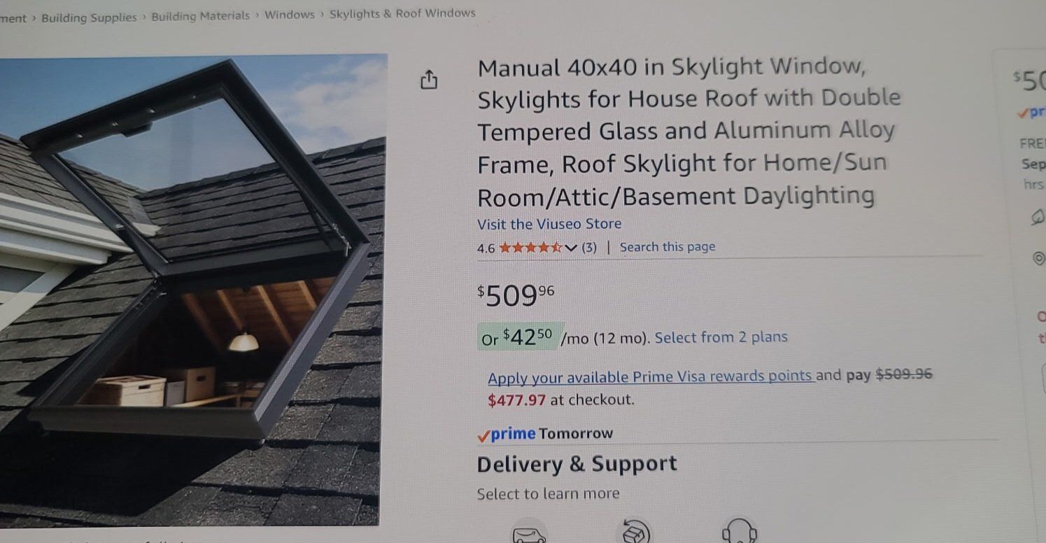 Manual 40x40 in Skylight Window with Double Tempered Glass and Aluminum Alloy Frame