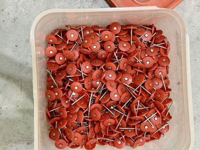 Plastic Cap Nails Bucket - Red Roofing and House Wrap Fasteners