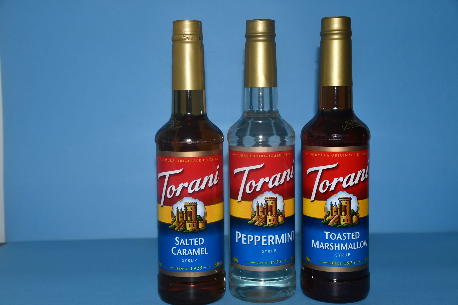 3 NEW, SEALED BOTTLES of TORANI SYRUP ~ 25.4 OZ ~ EXP DATE 27 ~ TOASTED MARSHMALLOW, PEPPERMINT, SALTED CARMEL ~ FALL & WINTER