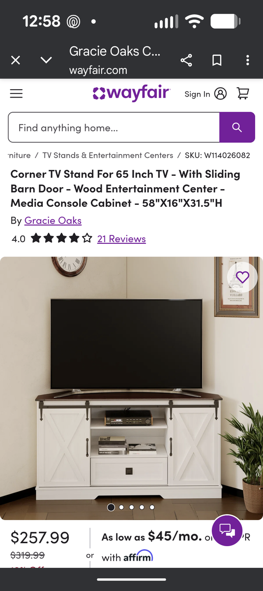 Corner TV stand 65". New-out of box assembled